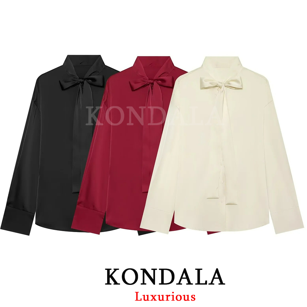 Fashion Street Night - KONDALA ไฮสตรีทชิคเสื้อลำลองผู้หญิงเสื้อเชิ้ตแขนยาวผูกโบว์แฟชั่น 2026 ฤดูใบไม้ร่วงวันหยุดกลางคืนซาตินเสื้อ